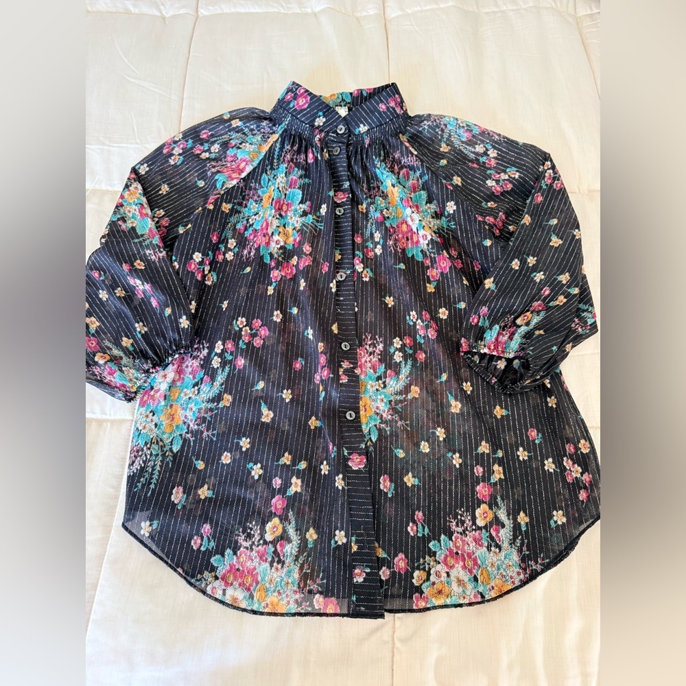 Vintage 90’s sheer black floral button front blouse top gold metallic large - Picture 10 of 12